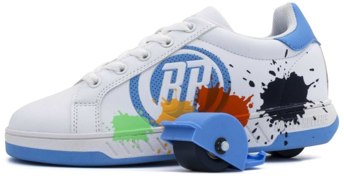 The Breezy Rollers Splash Shoes - White / Light Blue feature colorful paint splatter designs, blue accents, and a removable blue heel wheel using Breezy Rollers' patented system for smooth rolling.