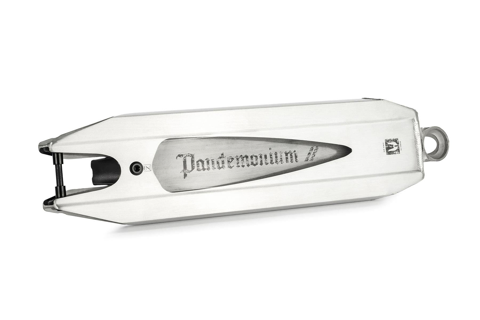 The Ethic DTC Pandemonium V2 Raw Stunt Scooter Deck is a sleek, elongated metallic object made from 6061-T6 aluminum. It features sharp edges, a recessed central area with an engraving of "Pandemonium," and an open end that displays small internal components, resembling the lightweight design of a scooter deck measuring 5.1" x 18.1".