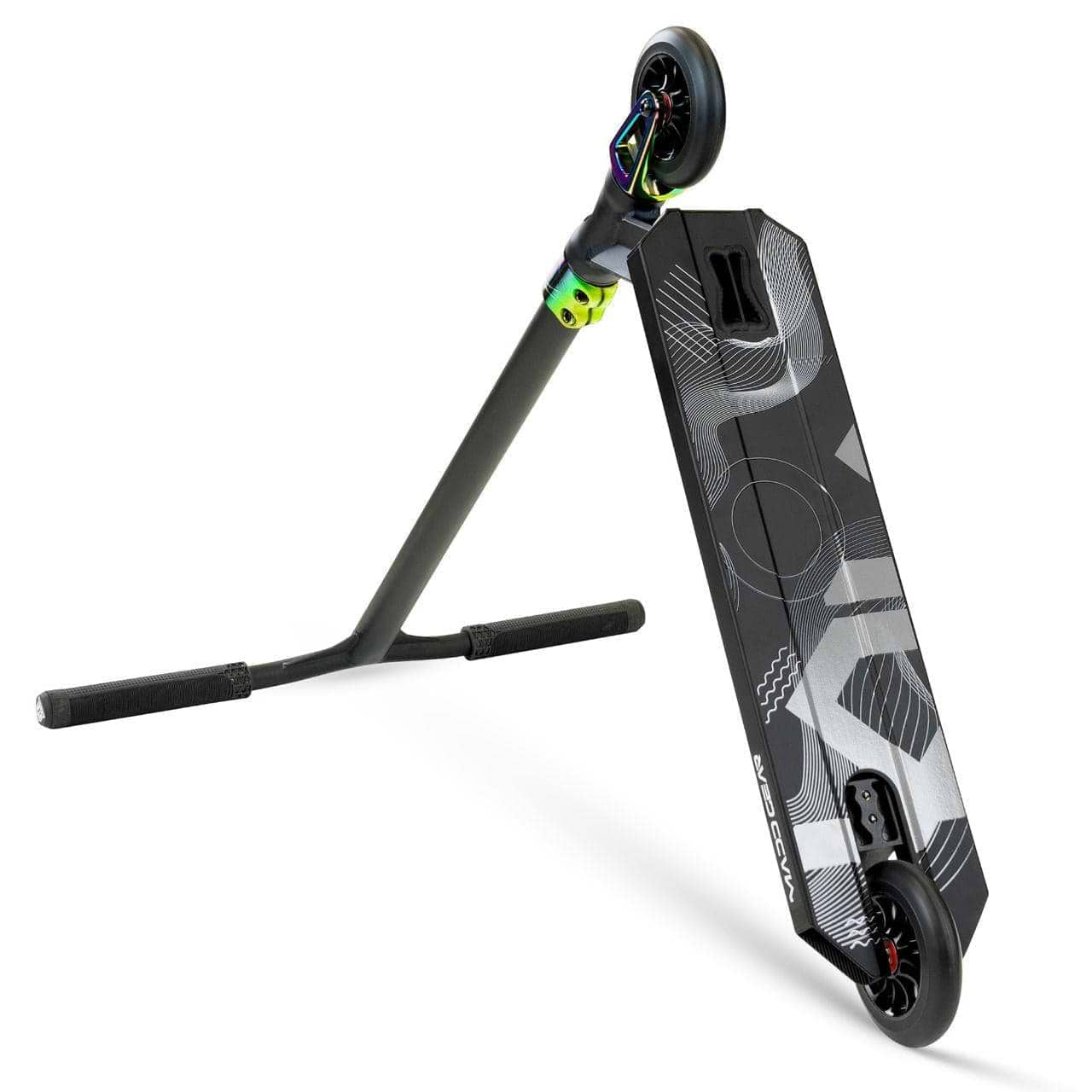 The Madd Gear MG 5 Axion Complete Stunt Scooter by MGP features a textured deck with a geometric pattern, sturdy black handlebars, two black wheels, and showcases action sports innovation in Black/Neochrome.