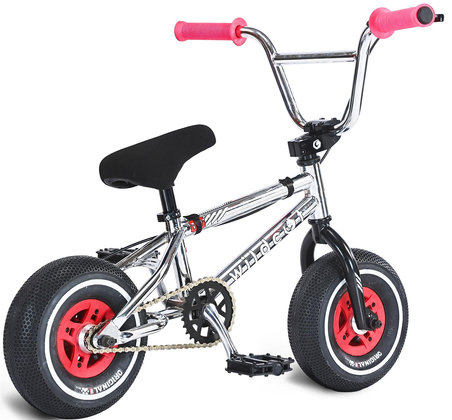 The Wildcat OG 3A Mini BMX Bike - Galaxy Red is a small chrome bike with PRO Street 65PSI tyres, CNC aluminium red wheels, pink grips, a black seat, and "WILD CAT" in white on the frame.