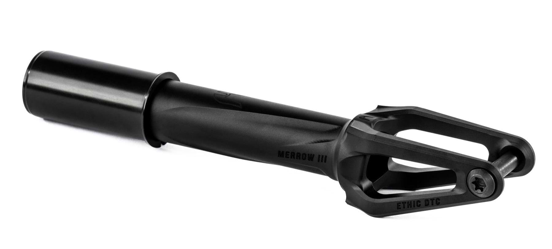 The Ethic DTC Merrow V3 HIC Stunt Scooter Fork in black, crafted from 7075 aluminium by Ethic, features a sleek angular design and single axle bolt—one of the lightest forks available.