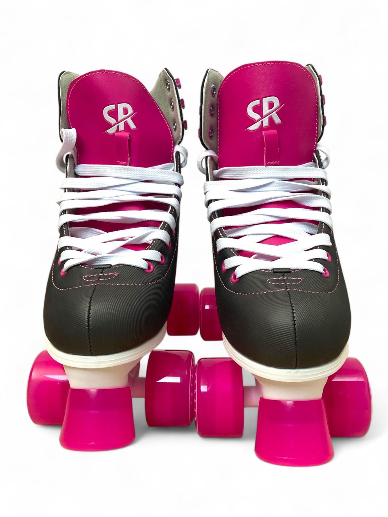 The Supreme Malibu Quad Roller Skates in black and pink feature white laces, pink wheels, and "SR" initials on the tongue—perfect for outdoor comfort and style.