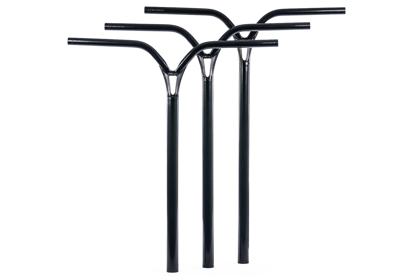 Three Ethic DTC Deildegast V2 Steel Oversized HIC Stunt Scooter Bars (Black Mirror, 770mm x 600mm) stand upright side by side. Each T-shaped Ethic handlebar features reinforced joints and slightly angled grips.