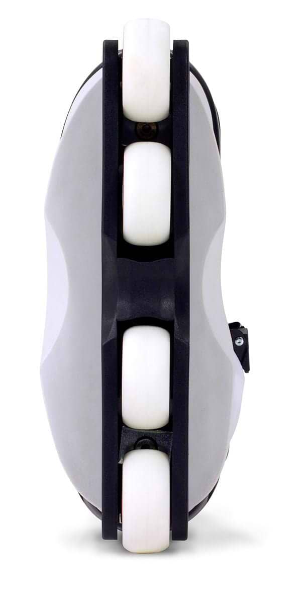 The bottom view of the Anarchy Panik III Adjustable Junior Aggressive Inline Skates - Black reveals four white wheels in a single row. The sleek design includes a black frame and grey boot, providing excellent ankle support for style and safety.