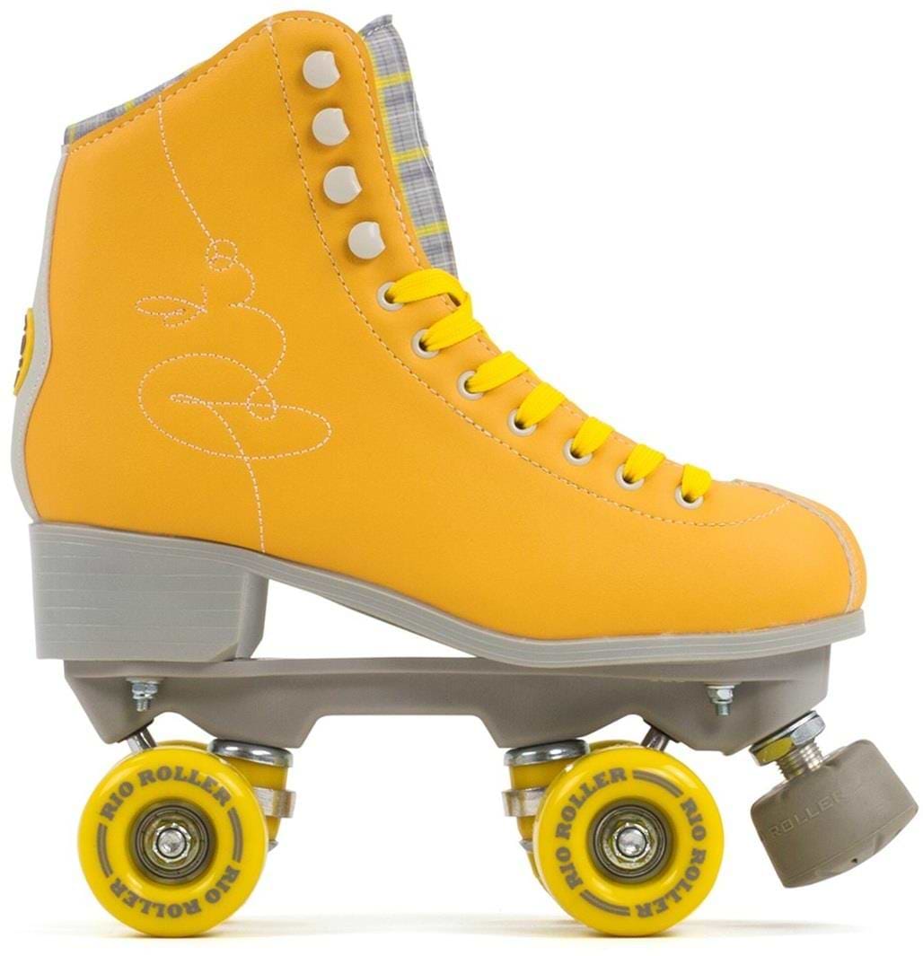 The Rio Roller Signature Quad Skates by Rio Roller showcase a vibrant yellow high-top design with matching laces and side patterns. These vegan-friendly skates feature yellow wheels, a sturdy gray base, and reflective details for style and safety.