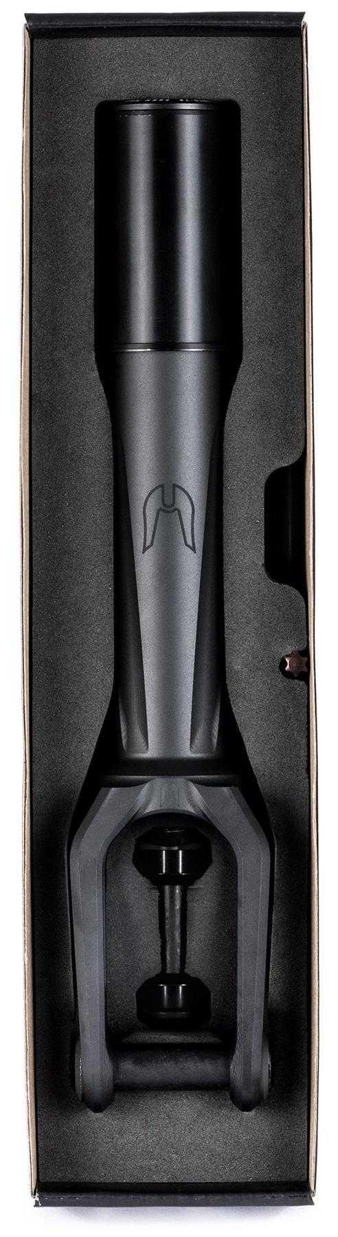 The Ethic DTC Merrow V3 8/12STD HIC Stunt Scooter Fork in black features a matte finish, minimalist front logo, and comes foam-packaged. Designed for freestyle scooters as a 8/12STD fork by Ethic.