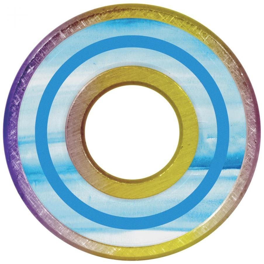 A circular object with a central hole has alternating rings in yellow, brown, blue, and purple, reflecting the precision and artistry of Chris "Cookie" Colbourn's skateboarding style with Bronson Speed Co. Chris Cookie Colbourn Pro G3 Skateboard Bearings.