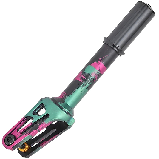The Legacy Raze Complete Stunt Scooter by Legacy features a black design with oil slick neochrome accents on the wheels and clamp, a T-shaped handlebar, and a wide deck. The scooter stands upright with the front wheel angled to the side.