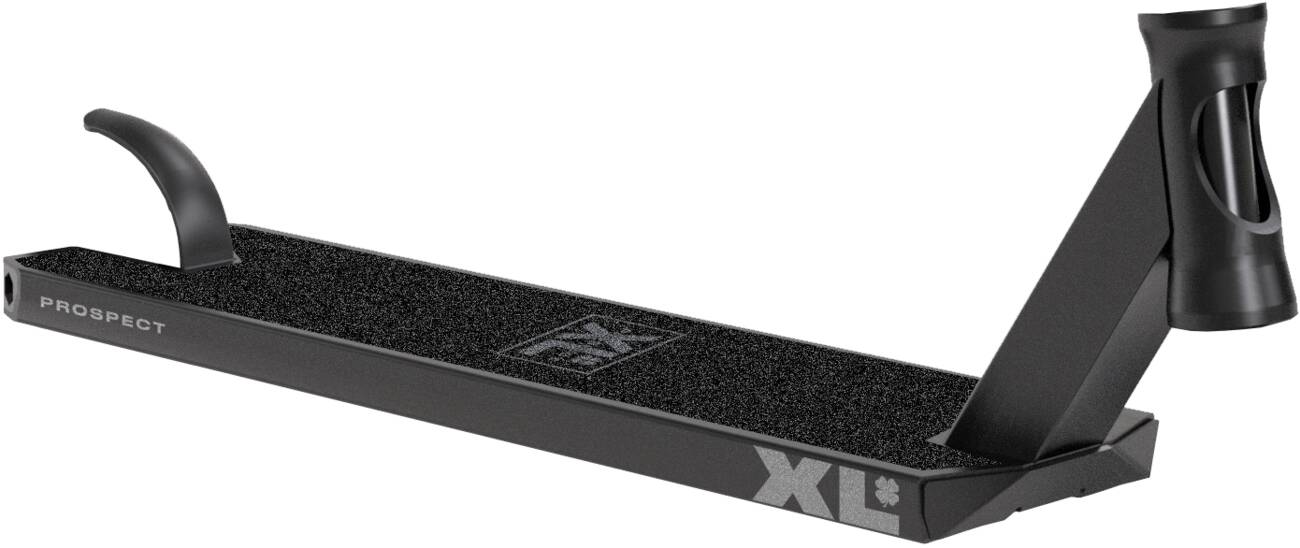 The Lucky Prospect 2022 XL Matte Black Stunt Scooter Deck, featuring a textured surface with Lucky griptape, presents a unique hybrid design. This deck, prominently displaying the "PROSPECT" label and bold "XL" graphics on the side, includes upward-angled attachment points and a distinctive cutout design near the connection tube.
