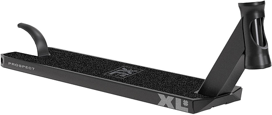 The Lucky Prospect 2022 XL Matte Black Stunt Scooter Deck, featuring a textured surface with Lucky griptape, presents a unique hybrid design. This deck, prominently displaying the "PROSPECT" label and bold "XL" graphics on the side, includes upward-angled attachment points and a distinctive cutout design near the connection tube.