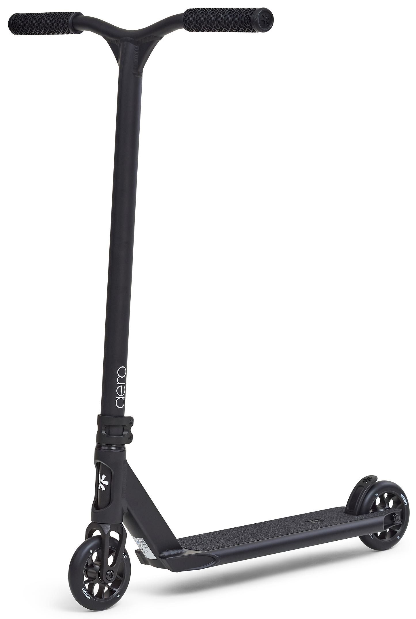 The Union Aero Complete Stunt Scooter in black by Union features a T-bar handle, small wheels, and a textured deck—ideal as a lightweight scooter for beginners. Shown on a plain white background.