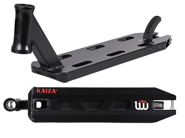A black Longway S-Line Kaiza+ stunt scooter deck, measuring 4.5" x 19", with intricate cutouts and the brand name prominently displayed as "KAIZA." The top image highlights the deck's angled view, showcasing the mounting holes, a flex fender brake, and kicktail. The bottom image provides a side perspective featuring the "1 Line" logo and titanium bolts.