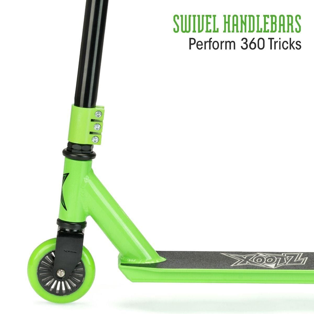 Close-up of a Xootz Envy Y-Bar Complete Stunt Scooter in green, featuring black trim that highlights its front wheel and swivel handlebars for executing 360-degree tricks. The scooter is equipped with ABEC-7 bearings and boasts a sleek deck design, emphasizing its extreme trick capabilities.