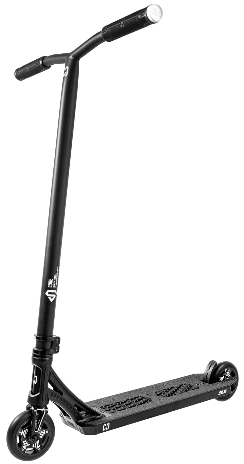 The CORE SL3 Complete Stunt Scooter - Black by CORE features a wide handlebar, small wheels, and textured deck—ideal for skatepark tricks. Lightweight and designed for mastering freestyle moves.