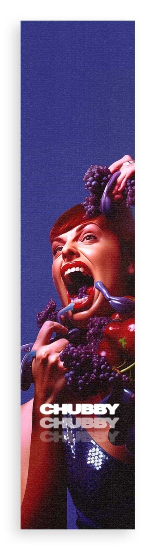 A person with bright red hair opens their mouth wide, playfully holding bunches of purple grapes. The word "CHUBBY" is repeatedly displayed in white at the bottom, reminiscent of the unique design of the Chubby Stunt Scooter Griptape - Grape Nation. The background is deep blue.