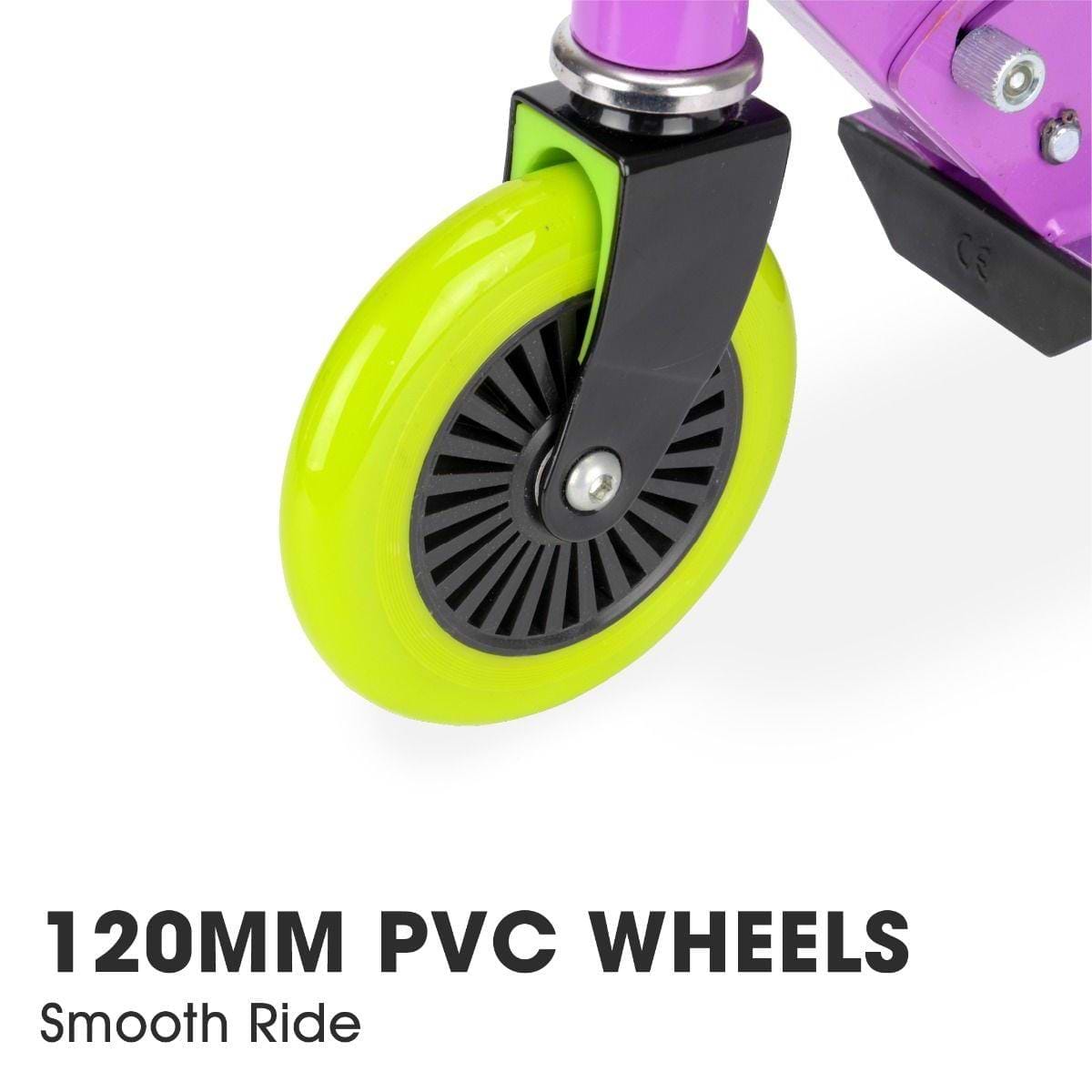 Close-up of a bright yellow 120mm PVC wheel with a black hubcap on the Xootz Atom Foldable Kids Kick Scooter - Purple, featuring adjustable handlebars. Below, text reads "120MM PVC WHEELS" and "Smooth Ride.