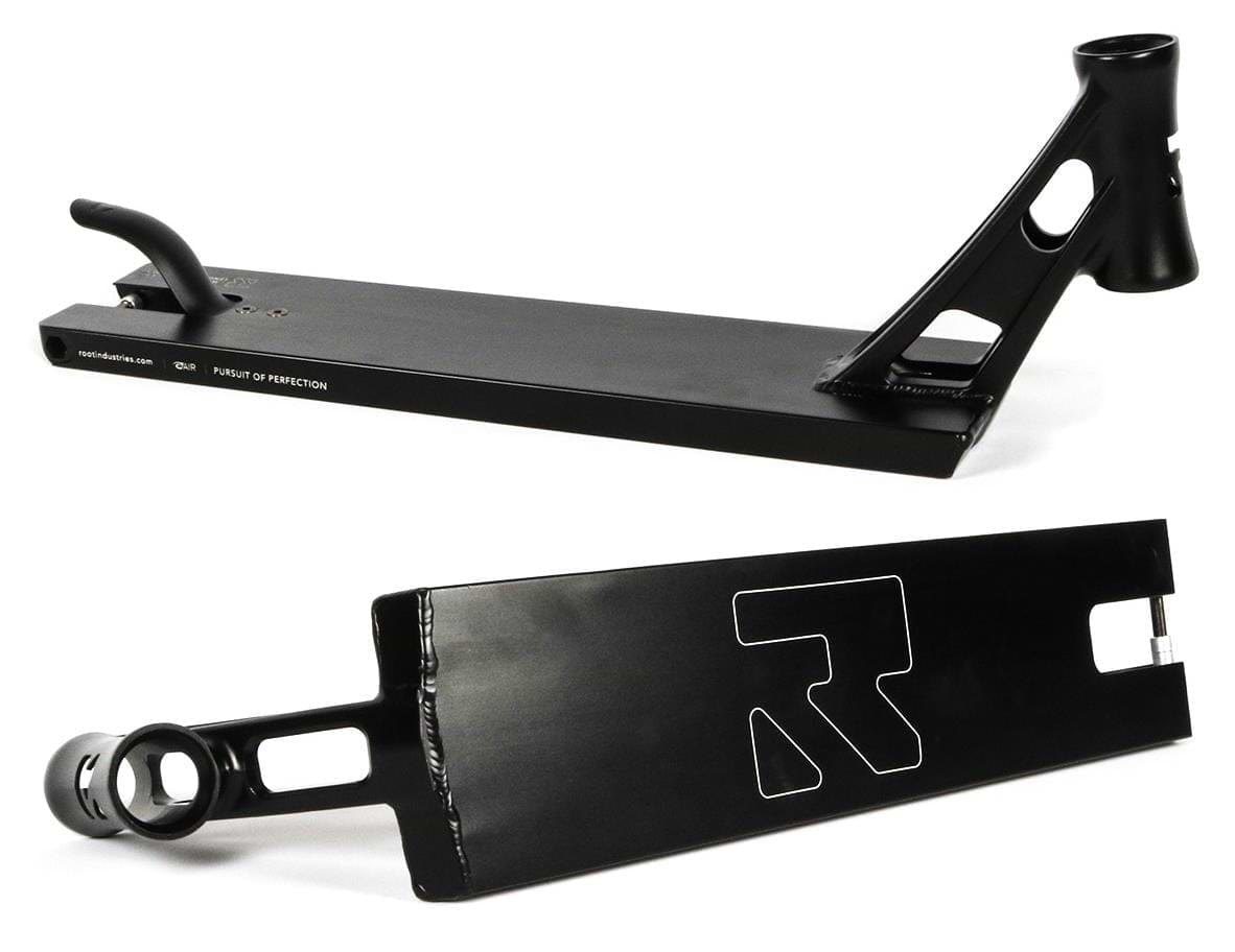 Two views of the Root Industries AIR Boxed Black Stunt Scooter Deck (5.1" x 22"): the top shows the brake and headtube, while the bottom displays a bold "R" logo—sleek design ideal for pairing with AIR Hollowcore Wheels.