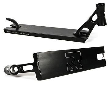 Two views of the Root Industries AIR Boxed Black Stunt Scooter Deck (5.1" x 22"): the top shows the brake and headtube, while the bottom displays a bold "R" logo—sleek design ideal for pairing with AIR Hollowcore Wheels.