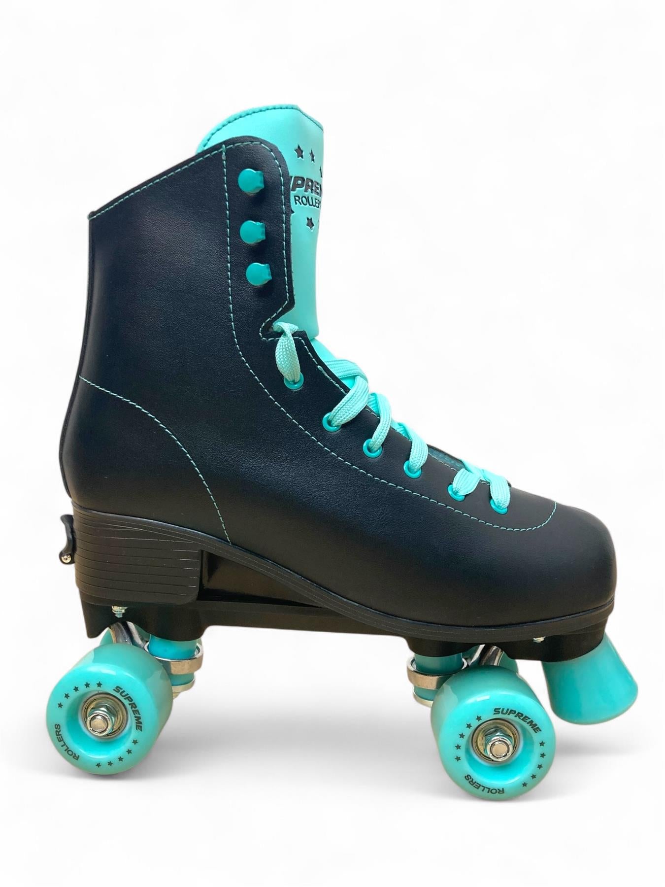 The Supreme Del Rey Adjustable Quad Roller Skates by Supreme, shown in black with turquoise laces, tongue, eyelets, toe stop, and wheels against a white background. Perfect outdoor roller skates for kids.