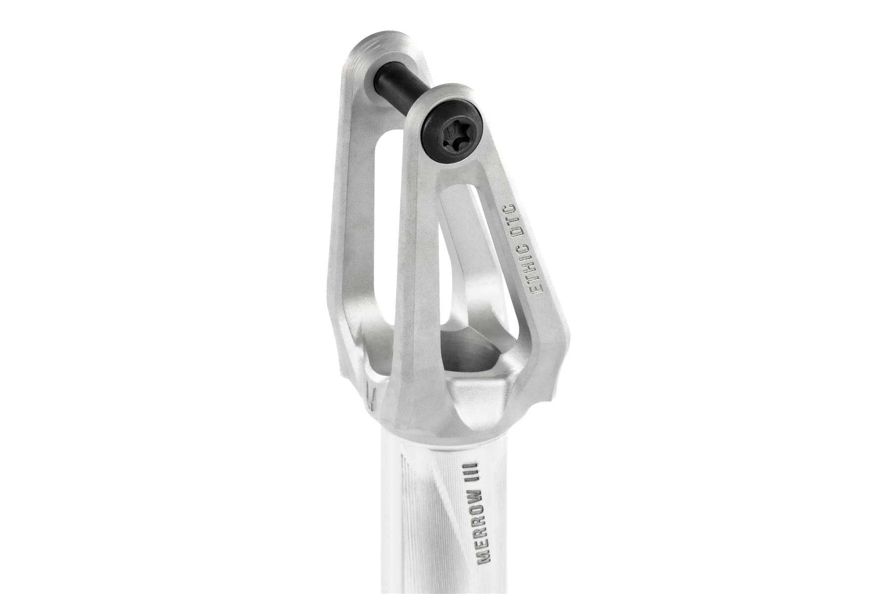 A close-up of the Ethic DTC Merrow V3 HIC Stunt Scooter Fork in Raw Silver, expertly machined by Ethic from 7075 aluminum and designed with a sleek profile for incredible lightness and strength.