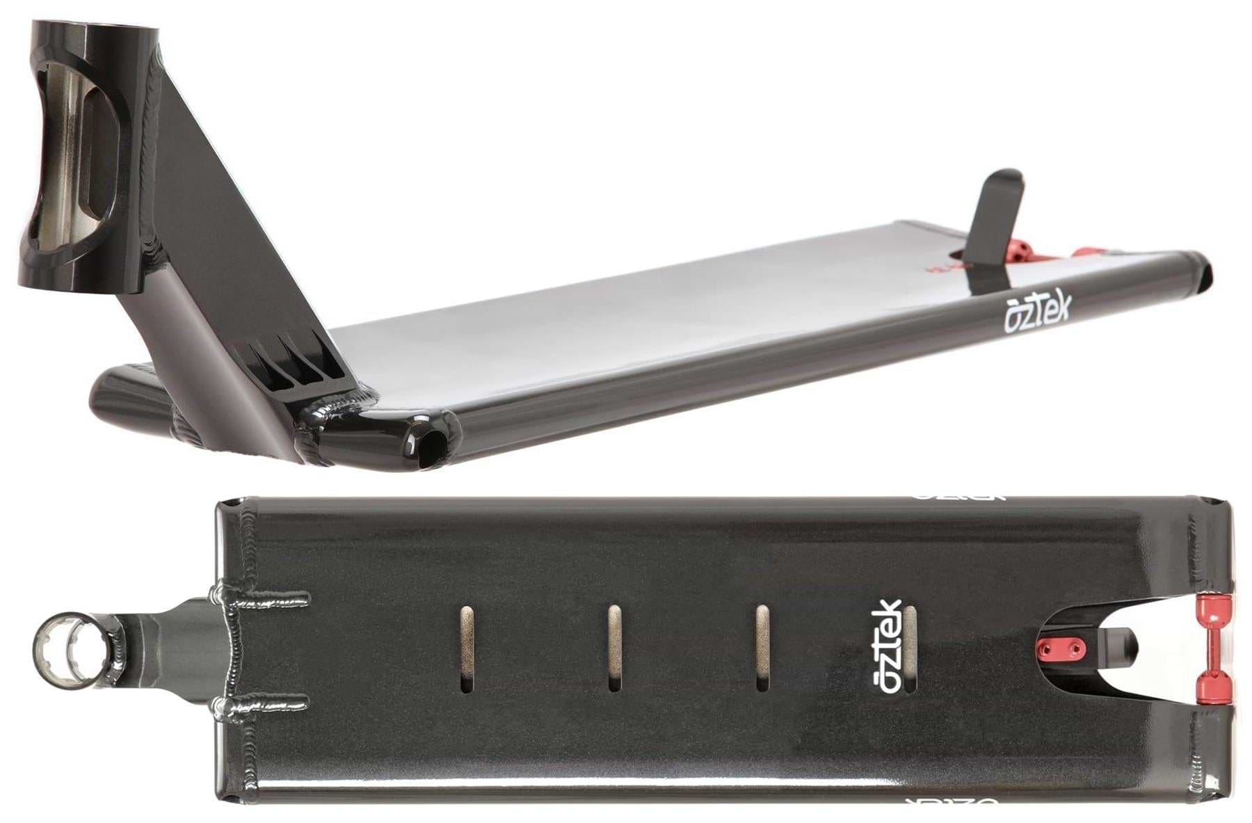 The Aztek Europa 2 Black Magic Stunt Scooter Deck (7" x 23") is shown from the side, emphasizing its smooth contours and angled neck, and from below, highlighting the Aztek logo and cutout slots—ideal for street riding.