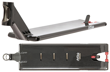 The Aztek Europa 2 Black Magic Stunt Scooter Deck (7" x 23") is shown from the side, emphasizing its smooth contours and angled neck, and from below, highlighting the Aztek logo and cutout slots—ideal for street riding.