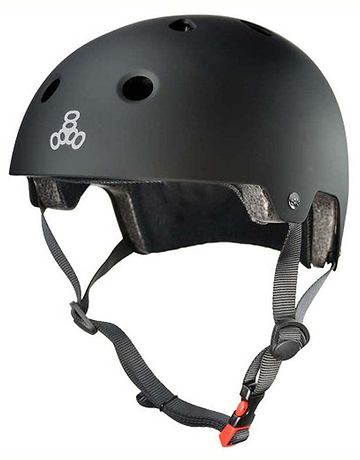 The Triple 8 Dual Certified Brainsaver Helmet - All Black Rubber features air vents, grey adjustable straps, a red buckle, a white front logo, and an EPS liner for enhanced protection.
