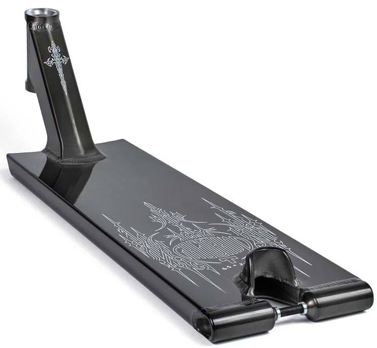 The Tilt Selects Gagliano Signature Clear Black Stunt Scooter Deck (6.5" x 22.2") features silver engraved gothic castle art on the deck and a cross on the headtube, crafted from black 6061-T6 aluminium and shown against a white background.