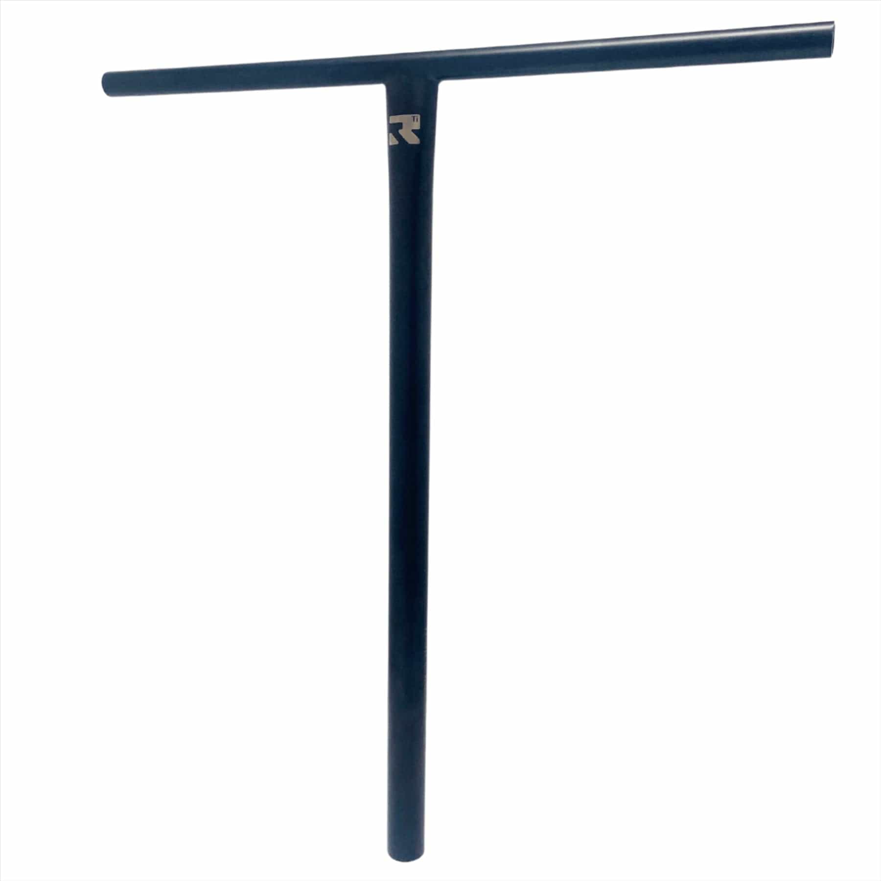 Product Description: The Root Industries AIR Titanium Oversized HIC Stunt Scooter T-Bars, measuring 690mm x 600mm, feature a black finish and a T-shaped design. These handlebars are expertly crafted from lightweight titanium and feature the brand logo near the top of the vertical section, all set against a pristine white background.