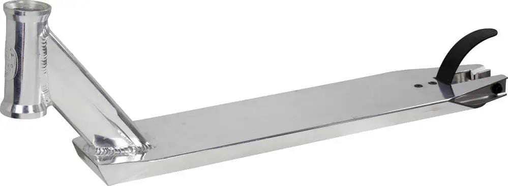 The UrbanArtt Primo Raw Stunt Scooter Deck (4.6" x 21.25") features a head tube on the left and a black brake on the right, set against a white background—an ideal all-rounder for any rider.