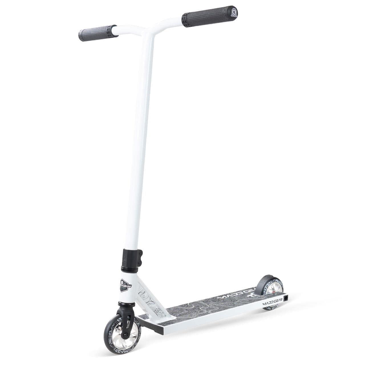The Madd Gear (MGP) MG 4 Titan Complete Stunt Scooter in Arctic White stands upright on a plain white background—designed for lightweight performance and freestyle skill development.