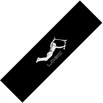 A black rectangular graphic displays a white silhouette of a person mid-air on a scooter, perfectly capturing the ultra-grippy feel of the Logic V2 Stunt Scooter Griptape - Air. The bold, diagonal "LOGIC" enhances this medium-grain design with dynamic flair.