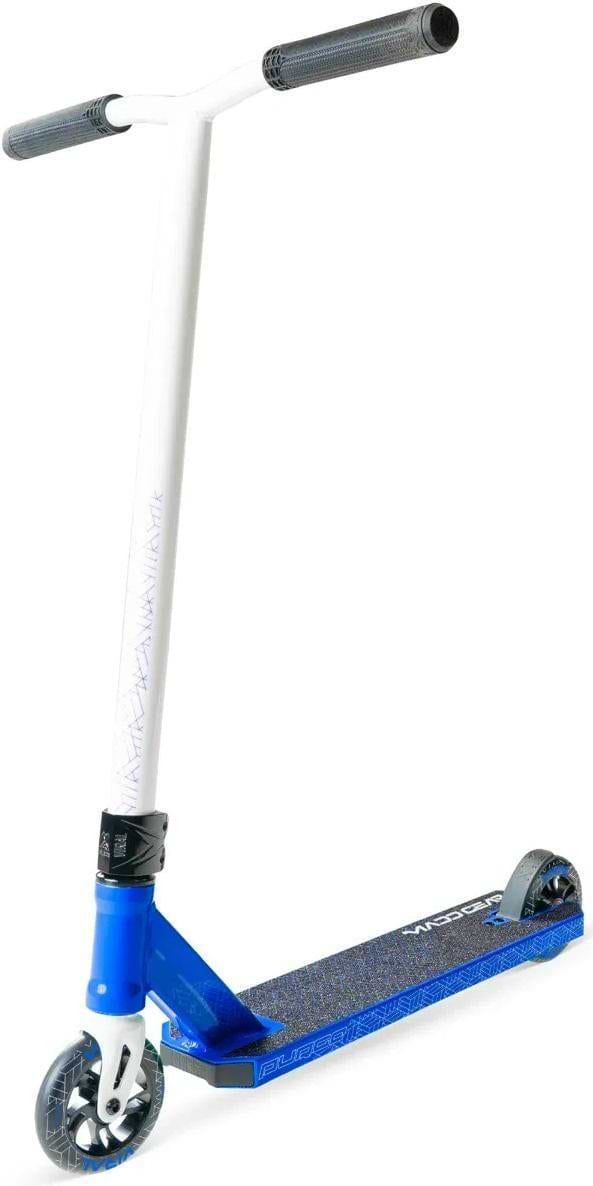 The Madd Gear Viral Purge Complete Stunt Scooter - Cobalt features blue and white colors, black handlebar grips, a blue textured deck for grip, and small wheels. The MGP scooter stands upright against a white background, ready for skatepark action.