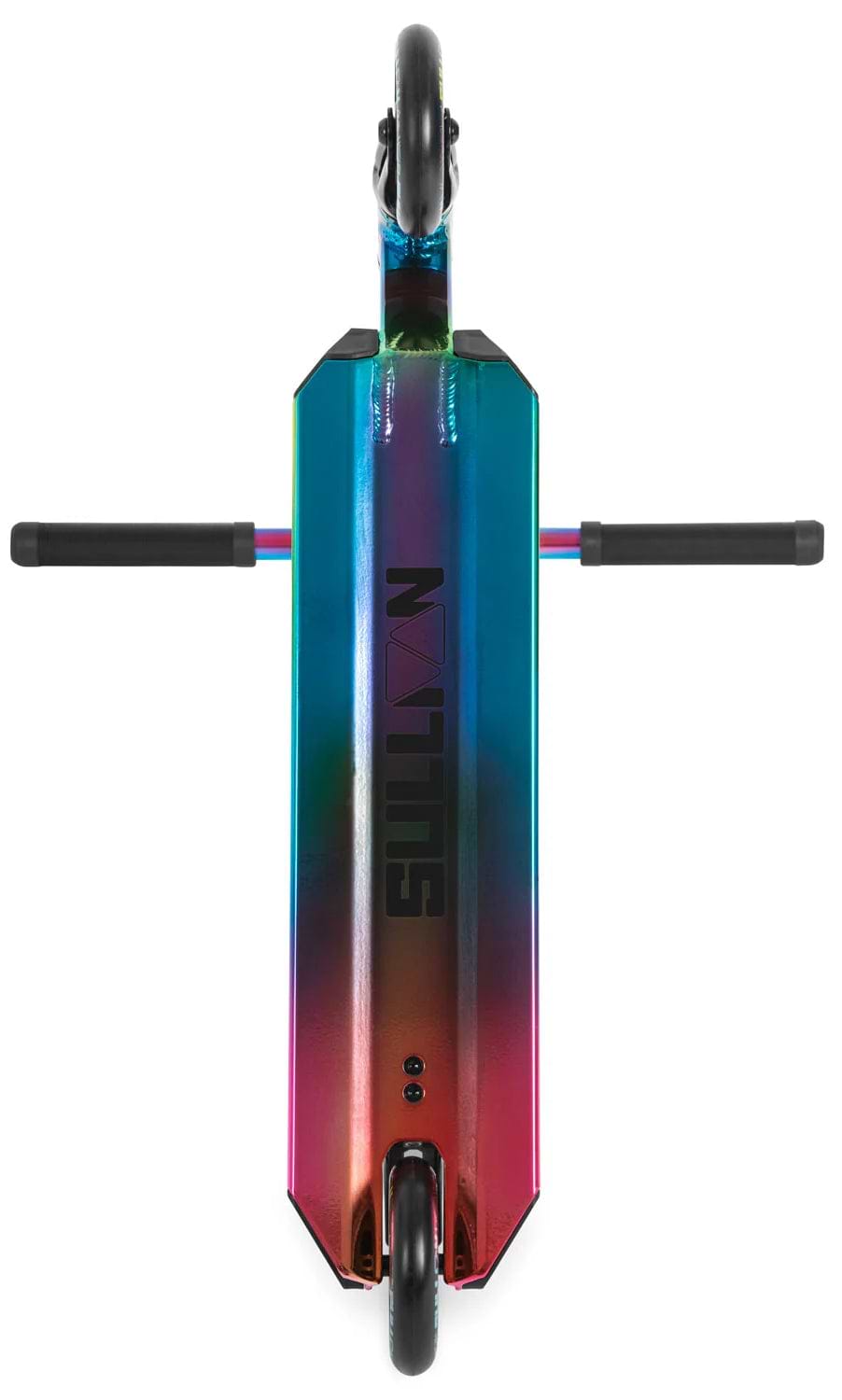 Top-down view of the Sullivan Antic V2 Complete Stunt Scooter - Oil Slick Neochrome, showing black grips extended outward, two wheels, and "SULLIVAN" branding on the colorful, oil slick-finished deck.