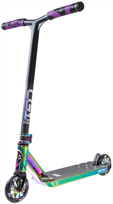 The CORE CG1 Mini Complete Stunt Scooter - Neochrome / Black by CORE features a black handlebar, purple grips, neochrome deck and fork, small wheels, and a textured footboard—ideal for kids starting out at the skatepark.