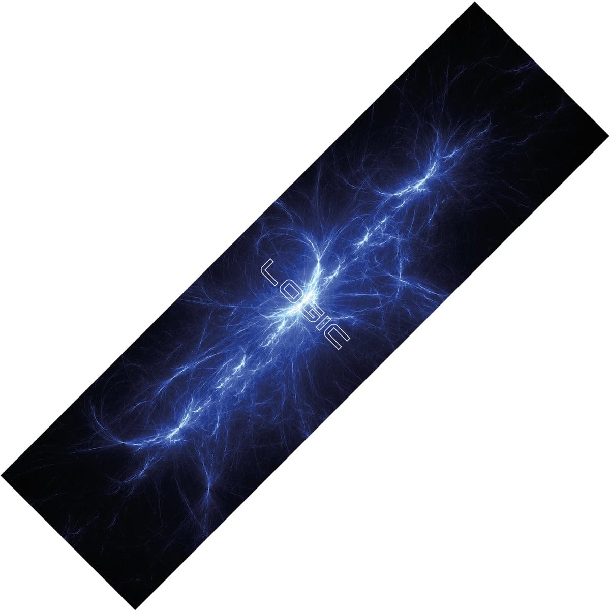A rectangular poster, inspired by the Logic V2 Stunt Scooter Griptape - Blue Flare, features a striking blue flare design on a black background. The word "LOGIC" is prominently displayed in the center with futuristic styling, encompassed by complex and radiant electric motifs.