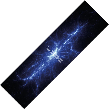A rectangular poster, inspired by the Logic V2 Stunt Scooter Griptape - Blue Flare, features a striking blue flare design on a black background. The word "LOGIC" is prominently displayed in the center with futuristic styling, encompassed by complex and radiant electric motifs.