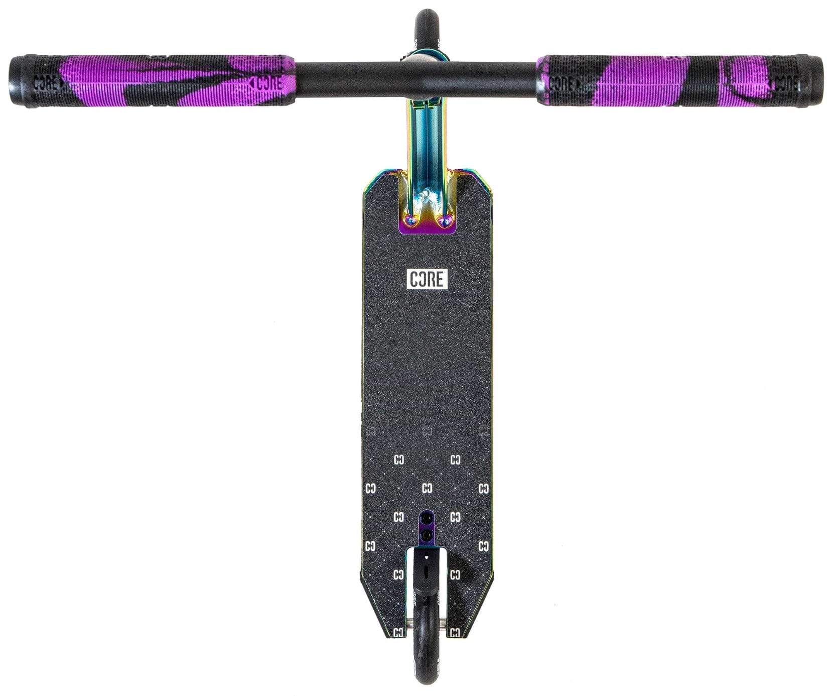 Top-down view of the CORE CG1 Complete Stunt Scooter by CORE in Neochrome/Black, featuring purple and black handlebar grips, a textured black "CORE" deck, and a visible front wheel.