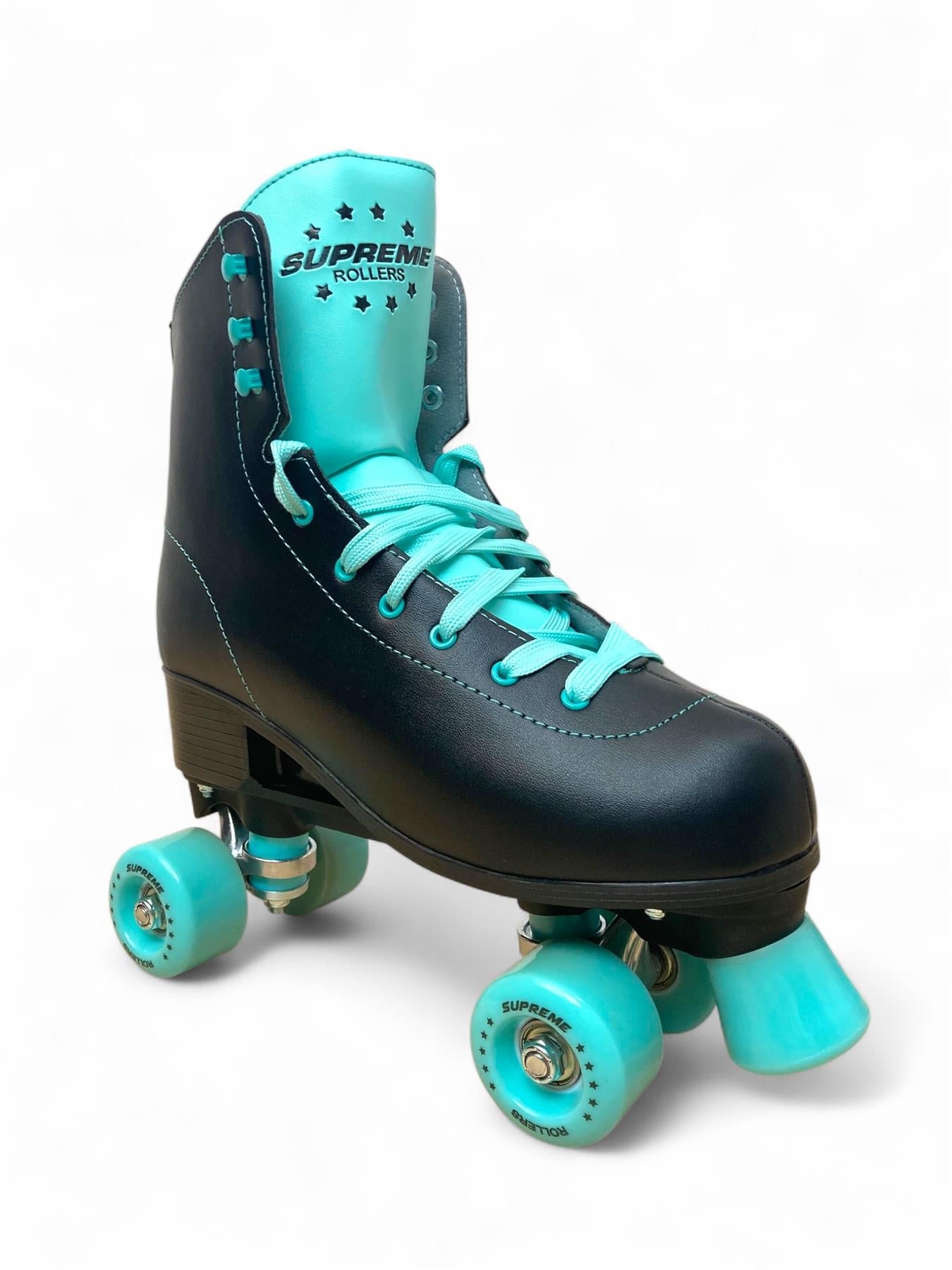 The Supreme Del Rey Adjustable Quad Roller Skates - Black by Supreme feature a black and turquoise high-top design with turquoise laces, wheels, toe stop, and tongue with the "Supreme Rollers" star logo—ideal kids’ skates for outdoor fun.