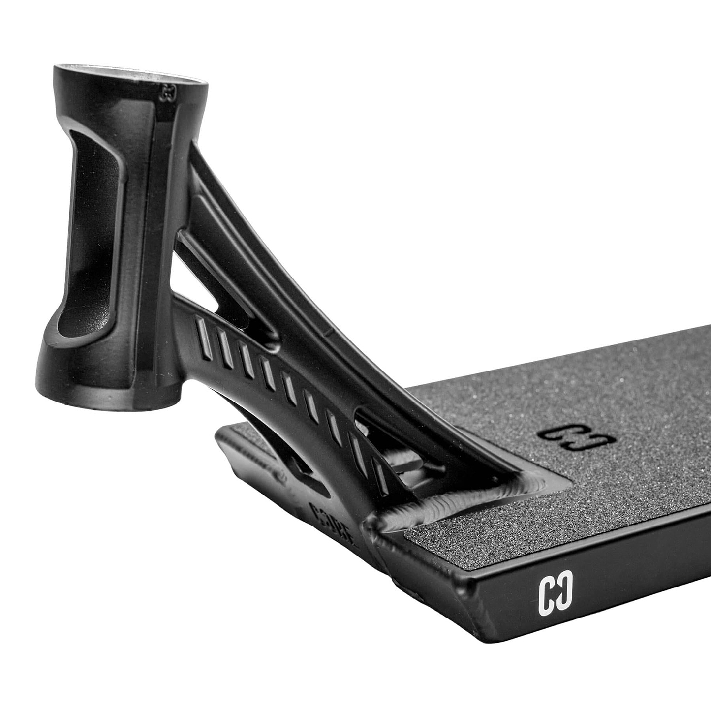Close-up of the rear section of the CORE ST3 Forged Black Street Stunt Scooter Deck (6.5" x 22.5"), showing its sturdy angular brake and textured grip tape with white "CO" and "C3" accents.