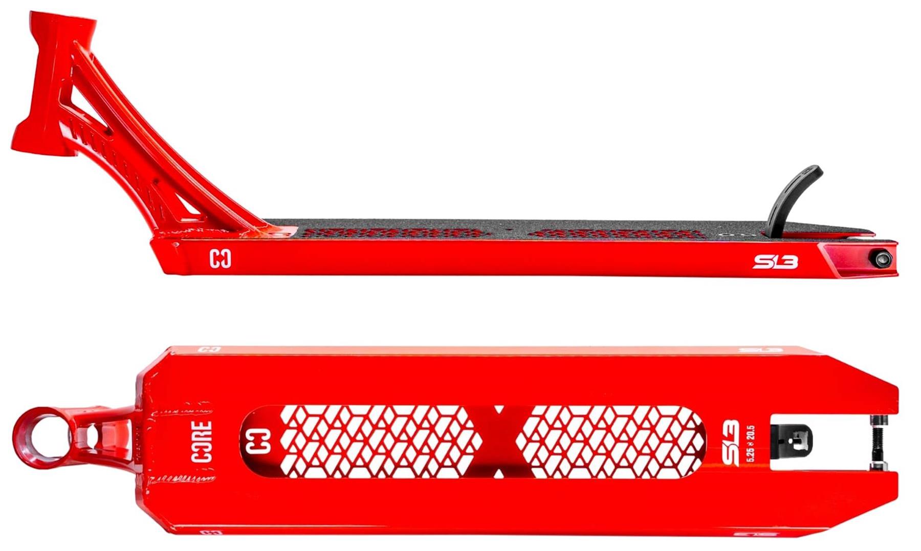 The CORE SL3 Forged Candy Red Stunt Scooter Deck (5.25" x 19.3"/20.5") features side and bottom views with a honeycomb cutout, black grip tape, rear black brake, and white "CORE SL3" branding for a premium look.
