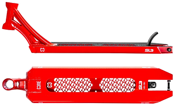 The CORE SL3 Forged Candy Red Stunt Scooter Deck (5.25" x 19.3"/20.5") features side and bottom views with a honeycomb cutout, black grip tape, rear black brake, and white "CORE SL3" branding for a premium look.