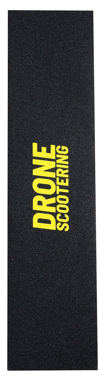 The Drone 'Scootering' Logo Stunt Scooter Griptape, by Drone, in black with rough texture and bold yellow "DRONE SCOOTERING" text at the center, is designed for stunt riders seeking exceptional control.