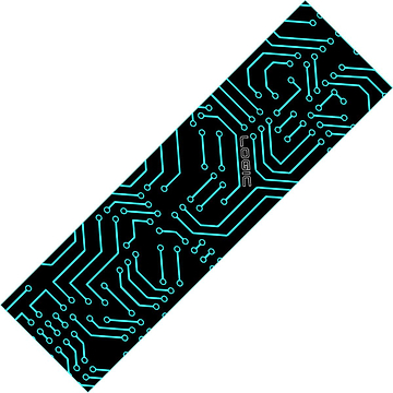 The Logic V2 Stunt Scooter Griptape - Circuit Breaker by Logic features a black rectangular design with a digitally printed cyan circuit board pattern. The detailed design boasts lines and nodes, with "LOGIC" prominently displayed in the center, and the ultra-grippy texture provides a striking contrast against the stark white background.