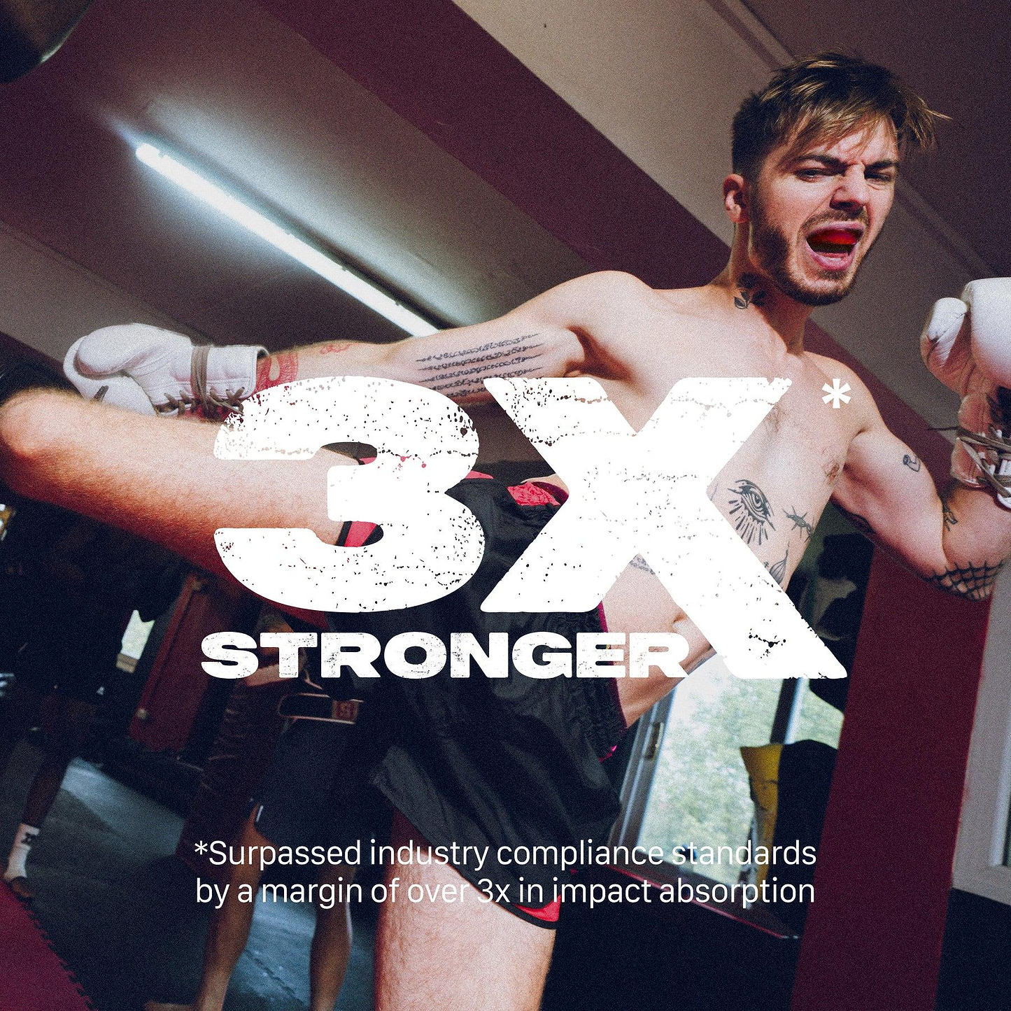 A male boxer throws a high kick in a gym, wearing red Safejawz Intro Series Protection Mouthguard, boxing gloves, and shorts. Bold text reads "3X STRONGER." Caption: "Safejawz surpassed industry standards by 3x in impact absorption.