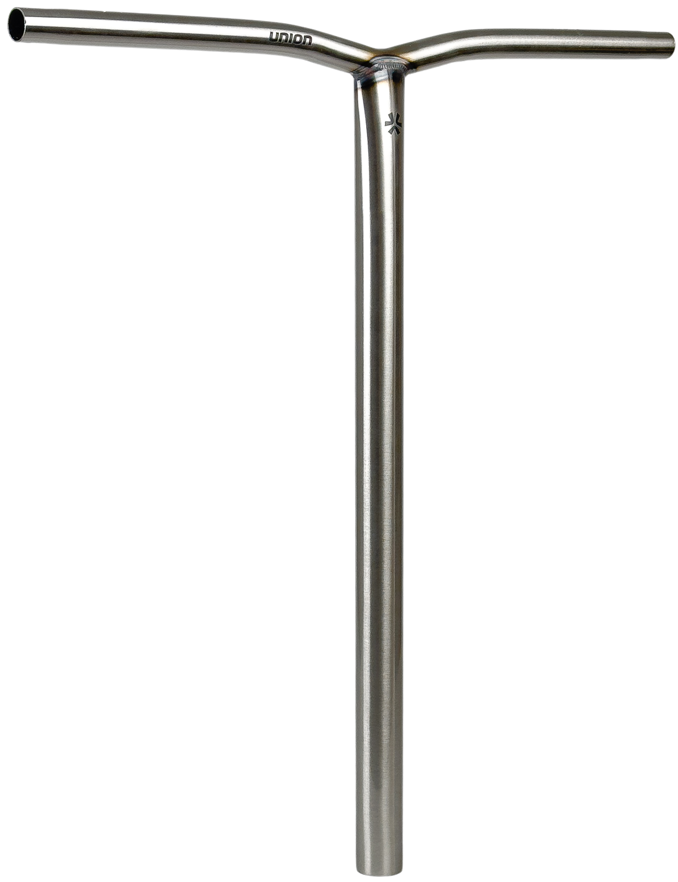 The Union Uniq Bend Steel Standard IHC Stunt Scooter Bar in silver (650mm x 600mm) by Union features a T-shaped design with an upward curve, polished metallic finish, and durable chromoly steel construction.
