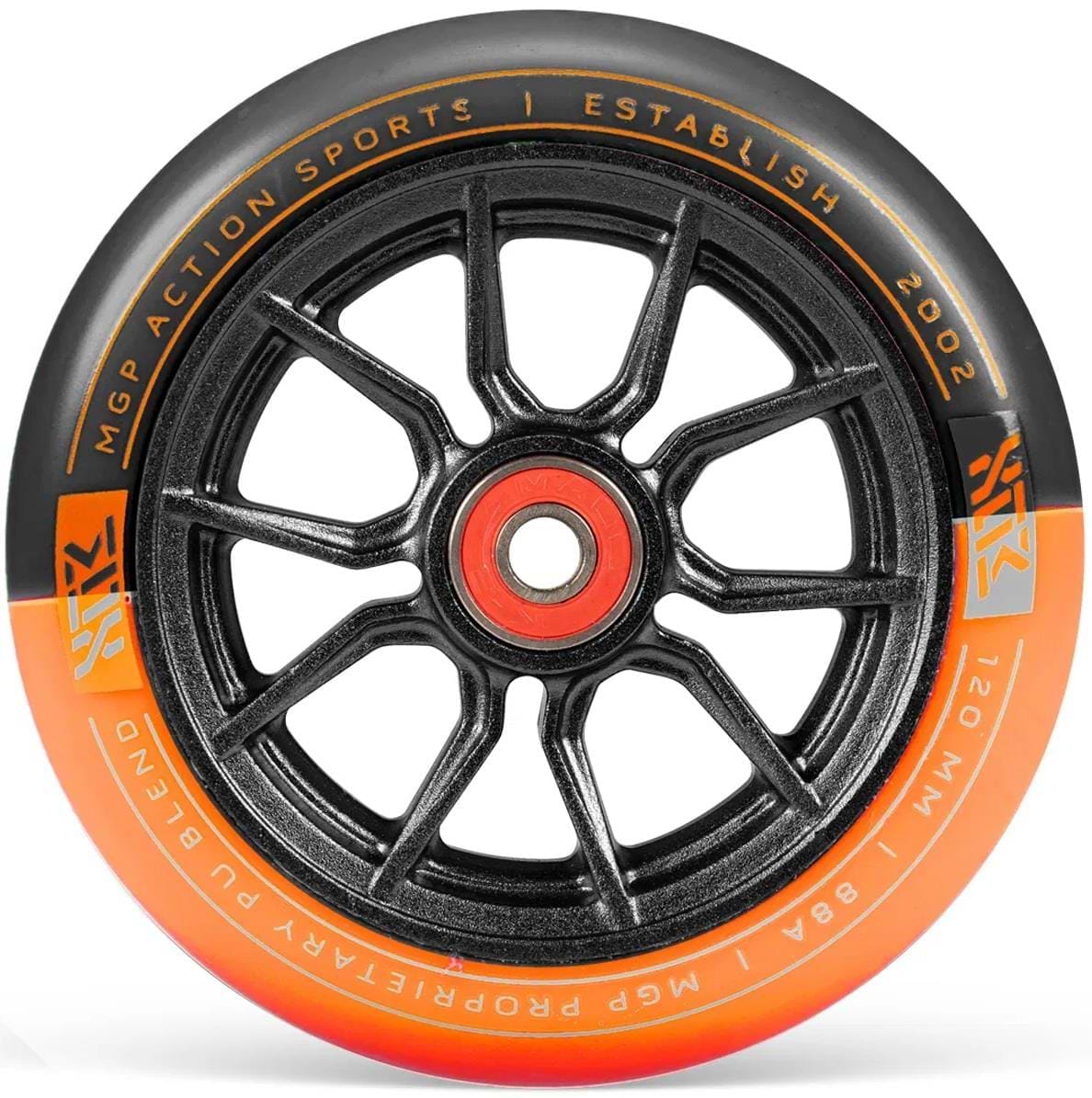The Madd Gear MFX Syndicate AR120 Dual Urethane Stunt Scooter Wheel in black and orange features a spoked design and detailed rim text, making it ideal for MGP stunt scooters or compatible 120mm setups.
