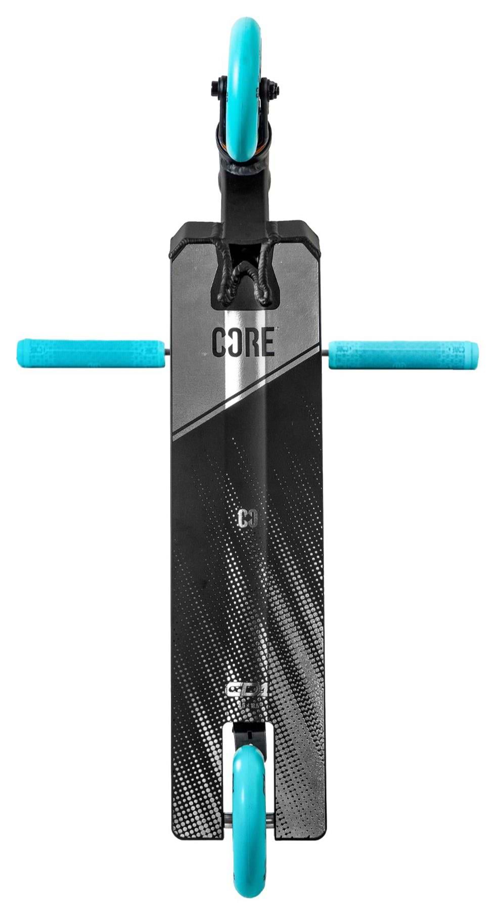 A chrome and teal CORE CD1 Complete Stunt Scooter by CORE, viewed from above. The deck shows a geometric pattern and bold "CORE" branding—ideal for beginner stunt scooter riders.