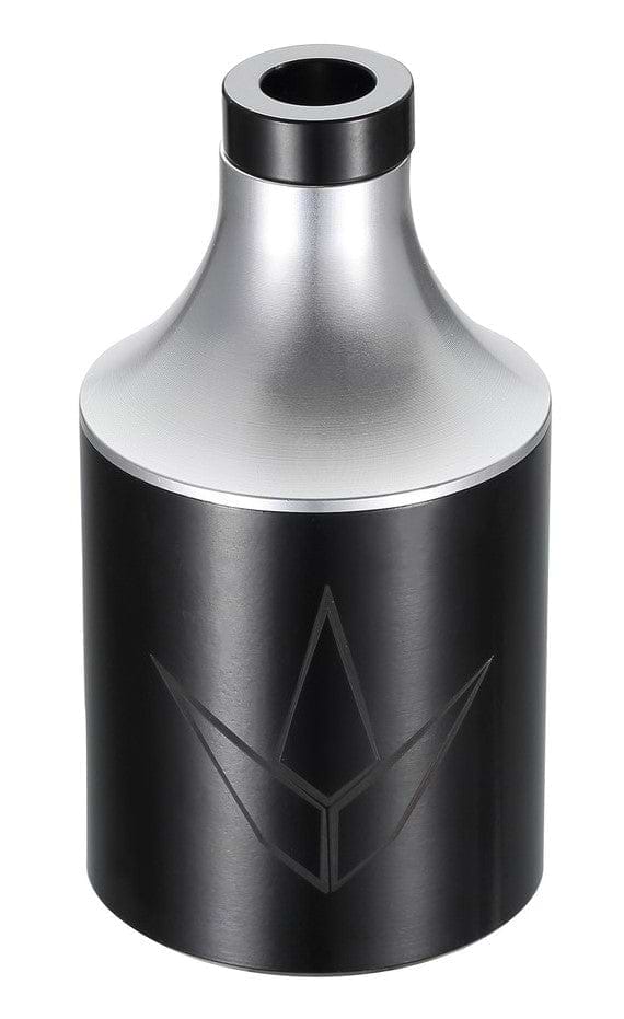 Product Description: This sleek, metallic black and silver bottle, expertly crafted from chromoly steel, features a modern cylindrical design that tapers slightly at the top beneath a black cap. The geometric logo on the front resembles an abstract, angular shape inspired by Blunt Envy Street Stunt Scooter Pegs, embodying a contemporary aesthetic.