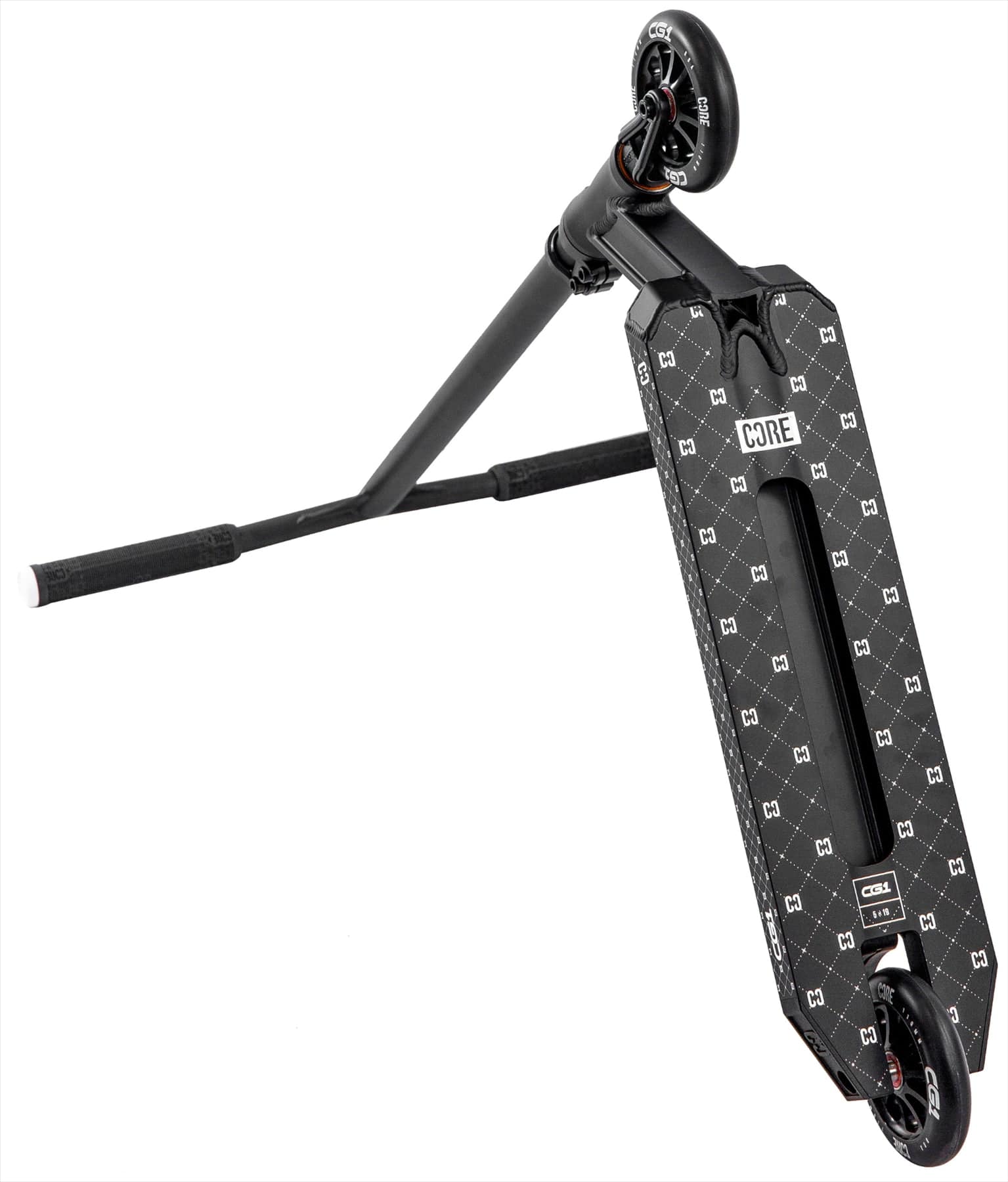 The CORE CG1 Complete Stunt Scooter by CORE features a black deck with patterns, pro-style handlebars, and small wheels—ideal for beginner skatepark tricks. Shown diagonally on a white background.